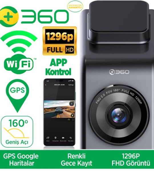 Akıllı Araç İçi Kamera Geniş Açı Gece Görüşlü 1296P FHD 160° 2K +Wifi + GPS 360+ G300H